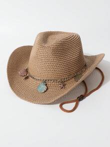 1pc Women's Shell Decor Chain Handmade Woven Spring/Summer Windproof Rope Panama Straw Hat, European And American Western Style Sun Hat, Versatile Sun Hat For Spring/Summer Daily Wear, Beach Vacation, Outdoor Activities, Western Themed Events, Music Festivals - Top Hat - View 8