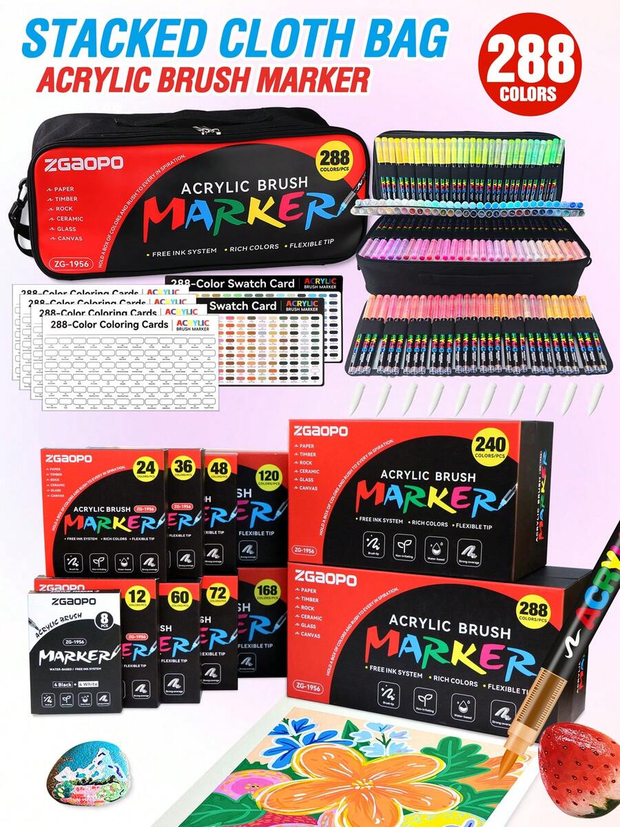 288 Colori Pennarelli Acrilici, Set Misto da 8-288 Pezzi, Punta Morbida in Nylon, Inchiostro a Base di Olio Vibrante, Alta Pigmentazione e Resistente al Sanguinamento, Adatto per Fai-da-Te e Creazione Artistica, Viene Fornito con Custodia e Borsa di Lusso per Conservazione e Portabilità, Ottimo per Principianti, Artisti, Studenti, Regali per il Ritorno a Scuola e Ricompense per gli Insegnanti