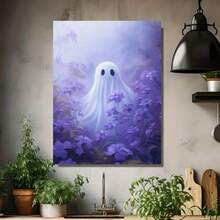 1 Póster de Arte Gótico con Fantasmas y Flores Moradas - Decoración Listo para Colgar en Halloween, Marco de Madera Sólida, Adorno Espeluznante para Sala o Dormitorio, Estilo Rústico - Impresión en Lienzo (2D Plano) - Regalo Perfecto para Halloween, Navidad o Día de la Madre - Diseño Vintage y Caprichoso, Alta Calidad - Enmarcado - Ver 4