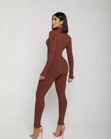 Women's Fitted Ribbed Jumpsuit With Front Zipper And Elegant Long Sleeves, Knit Fabric, Winter - Rust Brown - View 4