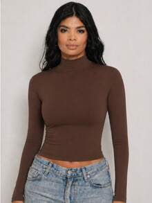 Moderna & Slim Women's Long Sleeve High Neck Blouse, Basic Second Skin Style, Extended Neck, Fitted, Comfortable For Winter - 鏽棕色 - 查看 5