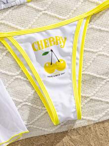 Bộ 4 món bikini nữ co giãn cao, in hình quả anh đào, buộc dây phía trước, kiểu dáng ngọt ngào và dễ thương, thích hợp cho kỳ nghỉ, tiệc bãi biển, tiệc độc thân mùa hè. - Màu vàng - Xem 5