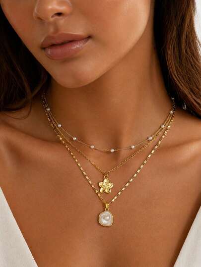 3pcs Set Minimalist Elegant Seashell Flower Faux Pearl Necklace For Women Summer Beach Dating Party Daily Wear Summer Jewelry Gifts