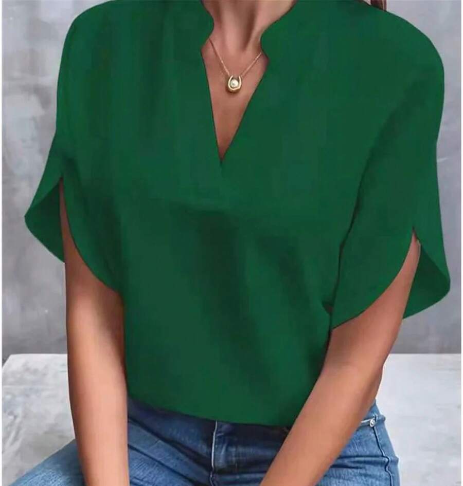 Camisa de manga corta con encaje liso para mujer, blusa informal básica con cuello en V Regular - estilo4 - Ver 1