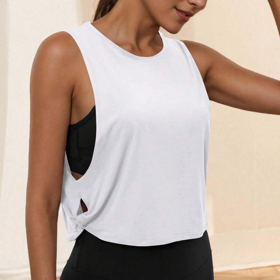 Ropa de Yoga con cuello redondo para mujer, chaleco atlético sin mangas, Top informal, Top corto ligero y holgado de Color puro - BLANCO - Ver 1