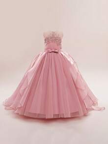 Tween Girls Round Neck Sequin Bow Organza Flower Girl Wedding Long Train Dress, Suitable For Evening Party, Headband Not Included - Dusty Pink - View 4