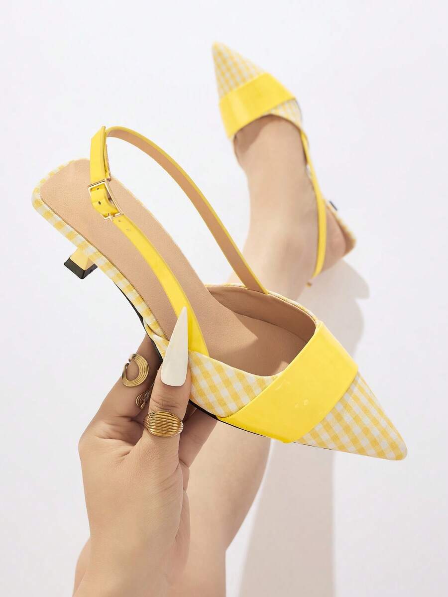 Women's Pointed Toe Slingback High Heel Shoes, Plaid Pattern Fabric, Comfortable Casual Wear For Commuting, Party, Holiday, Date Night, Formal Occasions, Suitable For Spring/Summer 2026 Paired With Dresses, Yellow Color