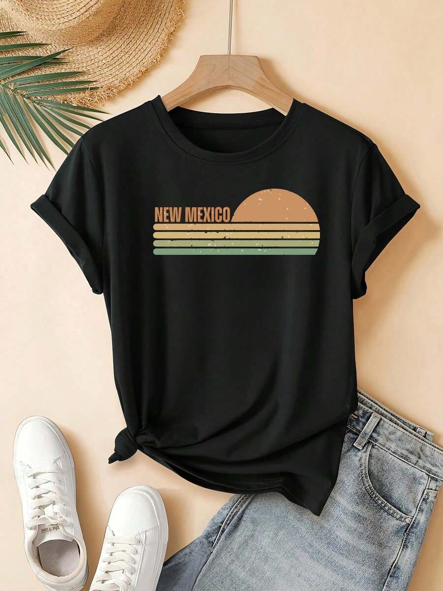 [Camiseta de Nuevo México] 2025 Nueva México patrón camiseta - elegante de moda casual cuello de la tripulación para la primavera y el verano