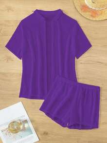 Basics Set de 2 piezas de kimono de unicolor de manga corta y shorts para mujer para vacaciones - Morado Violeta - Ver 5