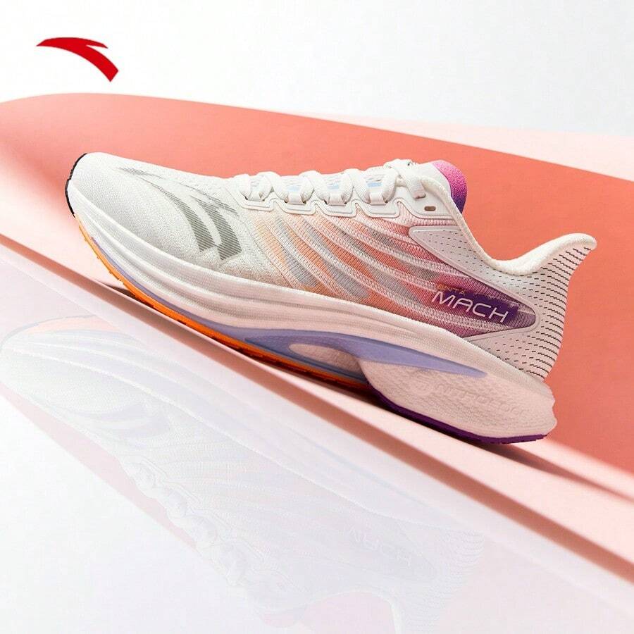 Anta Zapatos de running con amortiguación profesional  Mach 4 para mujeres, ligeros y transpirables para el verano, adecuados para fitness, exámenes físicos, deportes estudiantiles - Blanco papel/Naranja melón fluorescente/Morado pinellia-1 - Ver 1