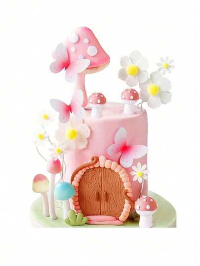 1 Set de decoraciones de pastel con diseño de seta rosa, que incluye puerta de madera con enredaderas y diseño de cabaña, setas, mariposas rosas y margaritas blancas. Adecuado para decoraciones de pasteles con temática de cuento de hadas, excelente para novia, boda, fiesta de jardín, té de la tarde, ducha y fiesta de cumpleaños. (Hecho a mano con imperfecciones, no compre si le molesta)