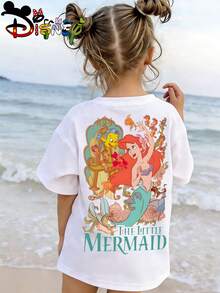 Disney Mermaid Princess Ariel Double-Sided Print Kids' T-Shirt, Cute Cartoon Casual Tee, Perfect For Daily Wear, School Activities, Family Outings And Beach Trips, Shipped From Local Warehouse - trắng - Xem 2