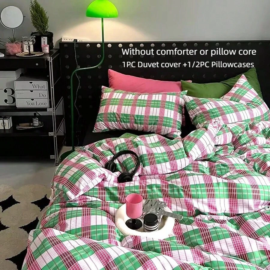 2/3件套现代简约条纹床上用品套装（1/2个枕套，1个被套，不含填充物），多色条纹图案，柔软透气，四季皆宜，打造舒适卧室和宿舍环境，是理想的礼物之选。 - 粉綠色 - 查看 1