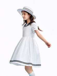 [Vestido azul marino de algodón puro con cuello] Falda de corte A de verano para niñas con lazo, estilo escolar vibrante, vestido holgado y cómodo para la piel, vestido de estudiante, vestido de solapa para niña - Blanquecino - Ver 3