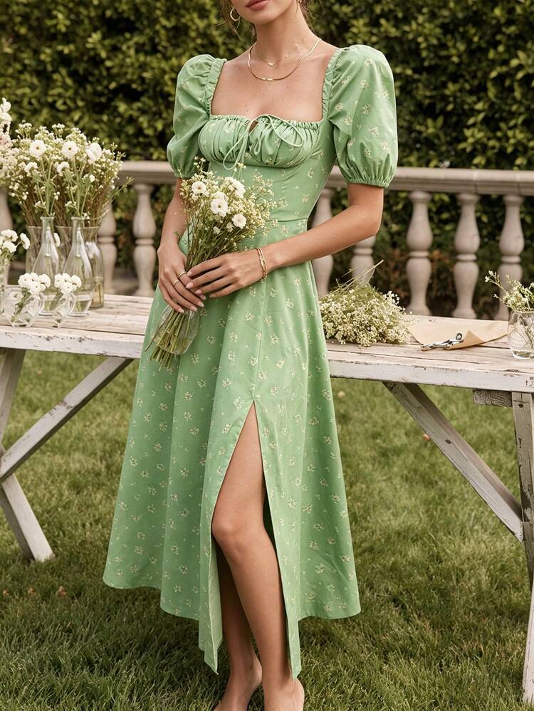 2026 Spring New Women's Clothing: Cross-Border European And American Dress, Elegant Floral Print Long Dress With Slit And Tie - 新綠底黃花 - 查看 8