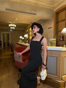Women's Solid Color Casual Versatile Open Back Dress - Black - View 3