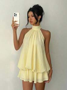 Vestido mini elegante de mujer con cuello de halter y corbata en color amarillo claro - Amarillo - Ver 3