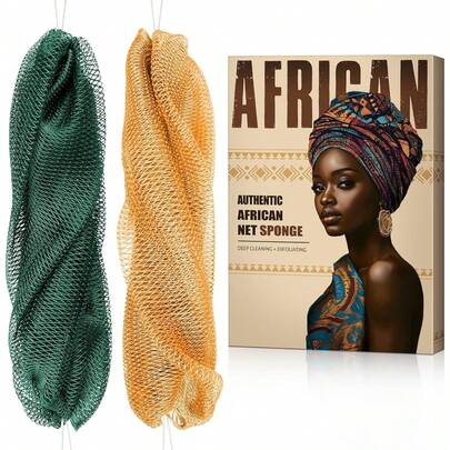 African Net Sponge Authentic - Back Scrub Exfoliating Net Sponge With Knots - 2 Pieces African Bath Sponges For Body Scrubber Ex