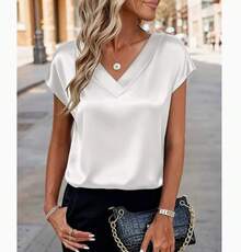Nuevas Blusas de Moda de Verano para Mujer, Casuales, Sólidas, Elegantes, con Cuello en V, Manga Corta, Camisas Modernas, Simples, Holgadas, Top de Satén para Mujer - estilo4 - Ver 2