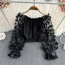 Blusas de encaje sexis con hombros descubiertos para mujer, Tops de manga larga a la moda coreana para primavera y verano, camisas de gasa transparentes con flores ajustadas - Negro - Ver 4