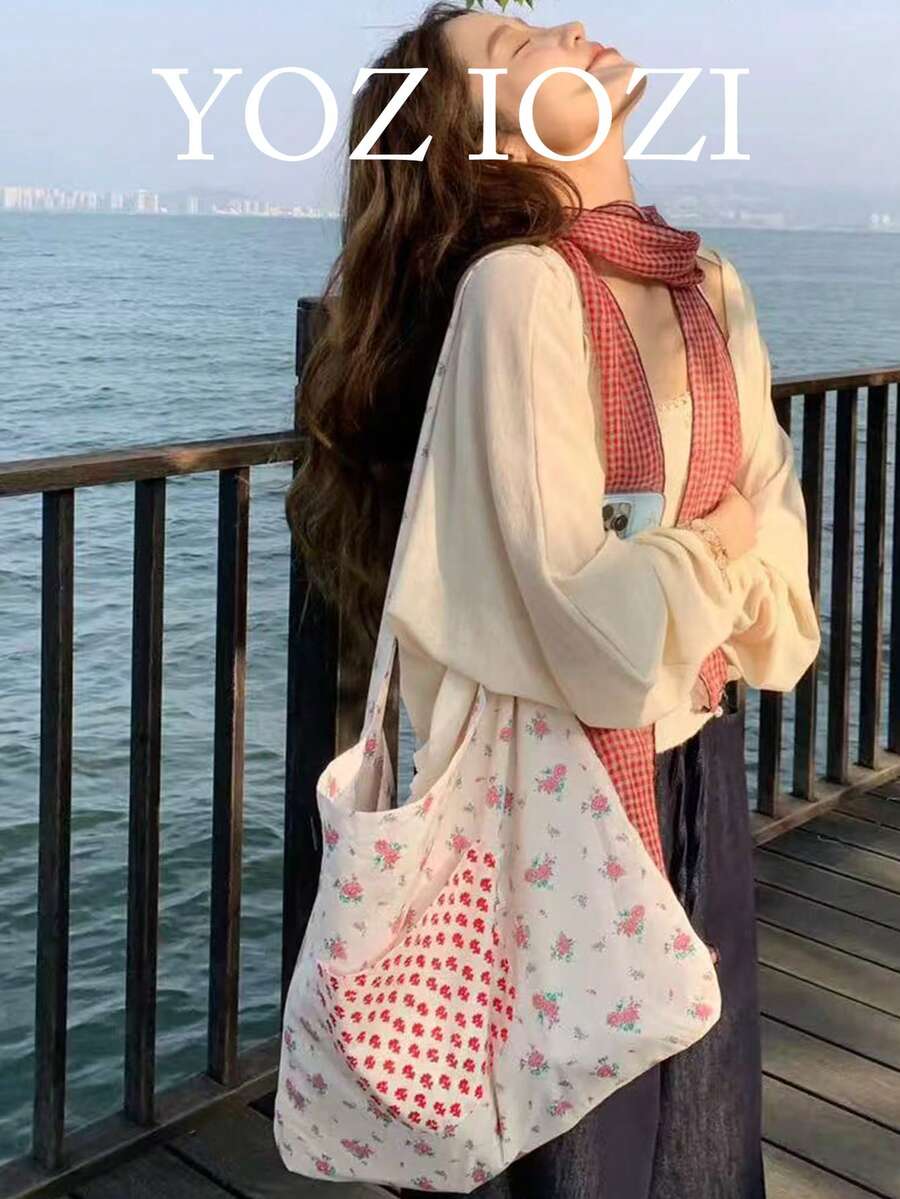 Fresh And Simple Ditsy Floral Large Capacity Shoulder Bag, Casual Commuter Crossbody Bag, Korean/Japanese Minimalist Design - White - View 1