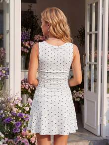 Women Mini Tank Dresses Slim Fit Ruched Dot Print/Solid Color Sleeveless Short Ruffled Dress For Daily Office Party - White Polka Dots - View 6