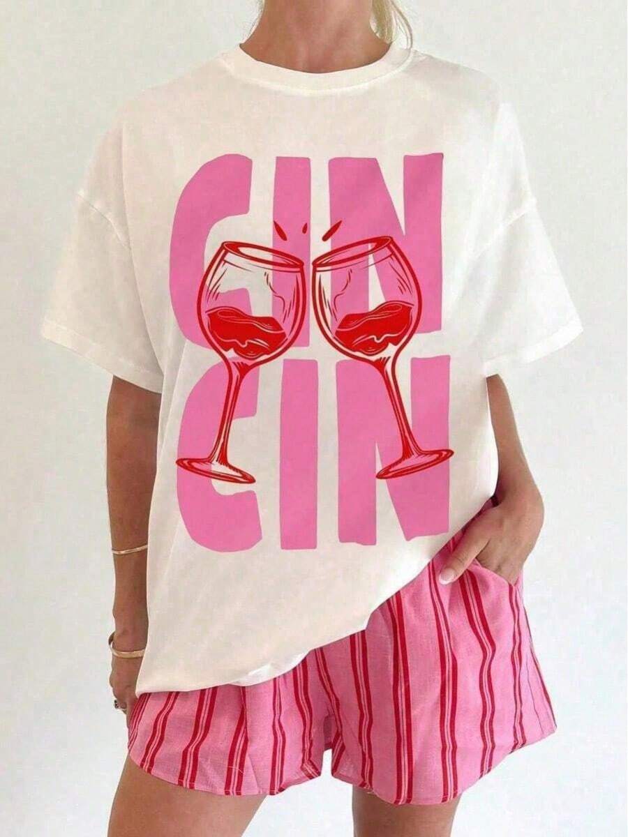 Martini Cheers Print Graphic T-Shirt, Women's Casual Crew Neck Short Sleeve T-Shirt, Autumn Clothing For Women, Back To School White Summer Women's - White - View 1