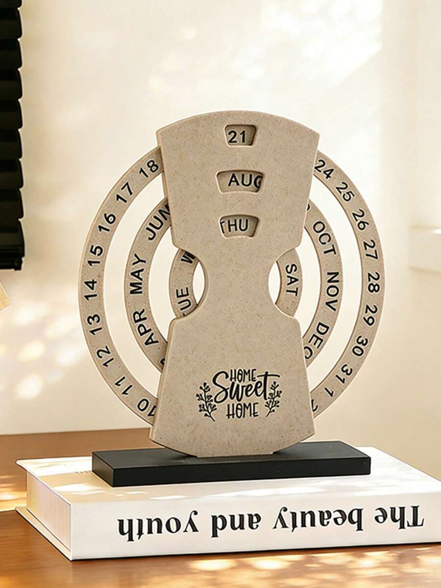 1 件新月形万年历,复古木质旋转桌面装饰品,全年适用 - 拾光轉盤台歷擺件 - 查看 1