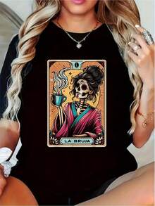 Wo T-Shirt | La Bruja Tarot Card Skeleton Graphic | Respirable and Moisture-Wicking | Crew Neck, Short Sleeve | Multi-Color Print | Casual Street Style | All-Season Comfort Fit Tee | Idea de regalo única para Wo, All-season Tshirt | Graphic Crew Neck | - Negro - Ver 2
