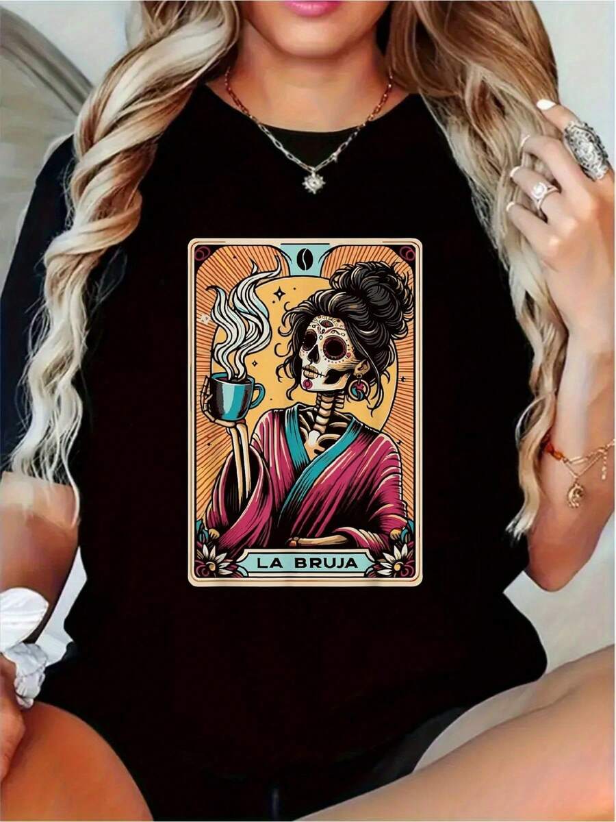 Wo T-Shirt | La Bruja Tarot Card Skeleton Graphic | Respirable and Moisture-Wicking | Crew Neck, Short Sleeve | Multi-Color Print | Casual Street Style | All-Season Comfort Fit Tee | Idea de regalo única para Wo, All-season Tshirt | Graphic Crew Neck |
