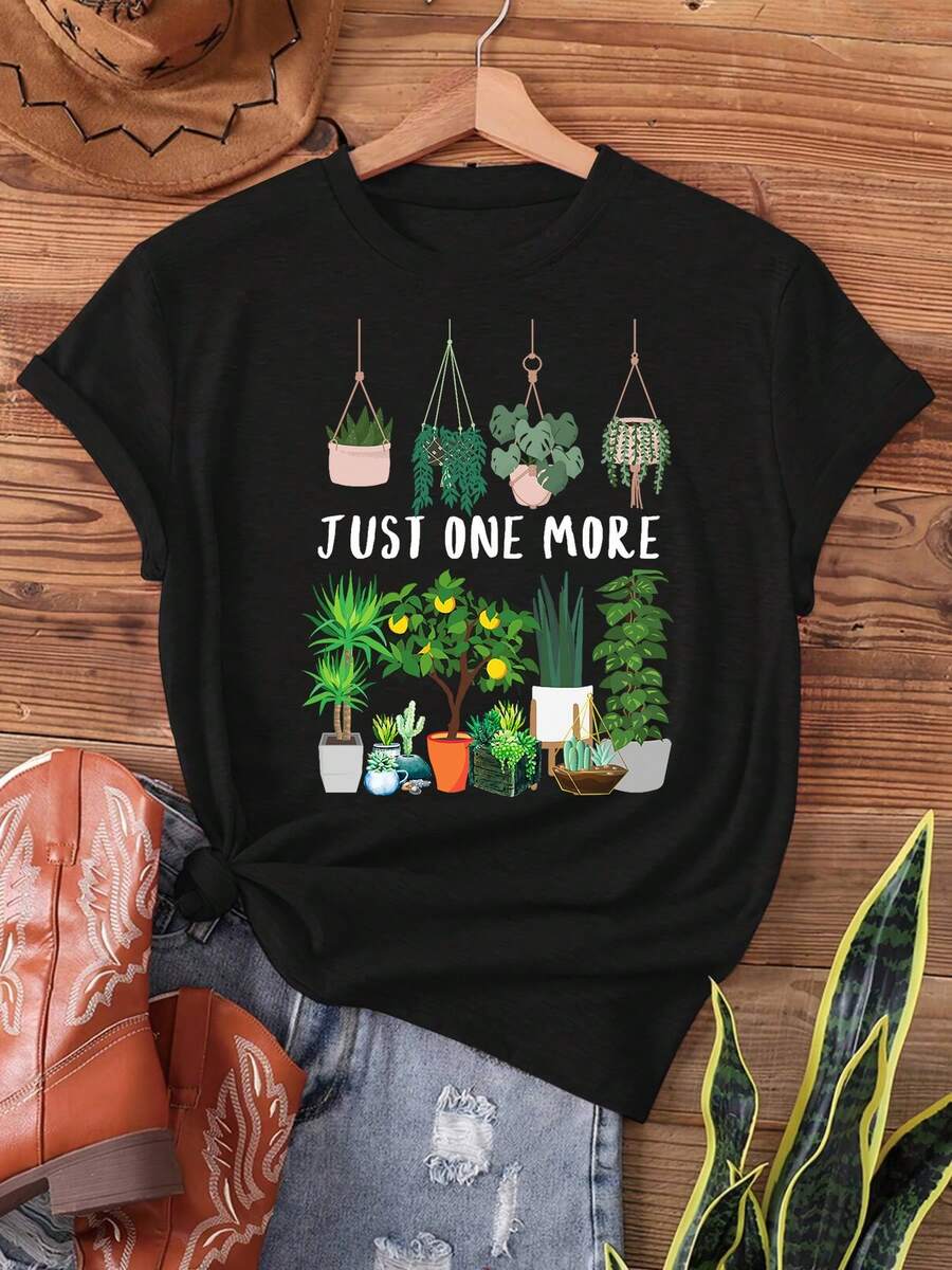 Un estante - colgando cuatro plantas en macetas con una gran pila de verdura, solo otra colección floral interior de la mujer de la planta, camiseta de impresión, cuello de la tripulación de manga corta top casual para el verano y la primavera, ropa de mujer
