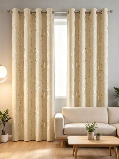 1 tấm rèm cản sáng dày mềm mại với họa tiết dây leo vàng, màu mơ cao cấp, phù hợp cho phòng ngủ và phòng khách, thiết kế lỗ tròn, rèm cản sáng chất lượng cao, bền bỉ, họa tiết lá dây leo vàng.