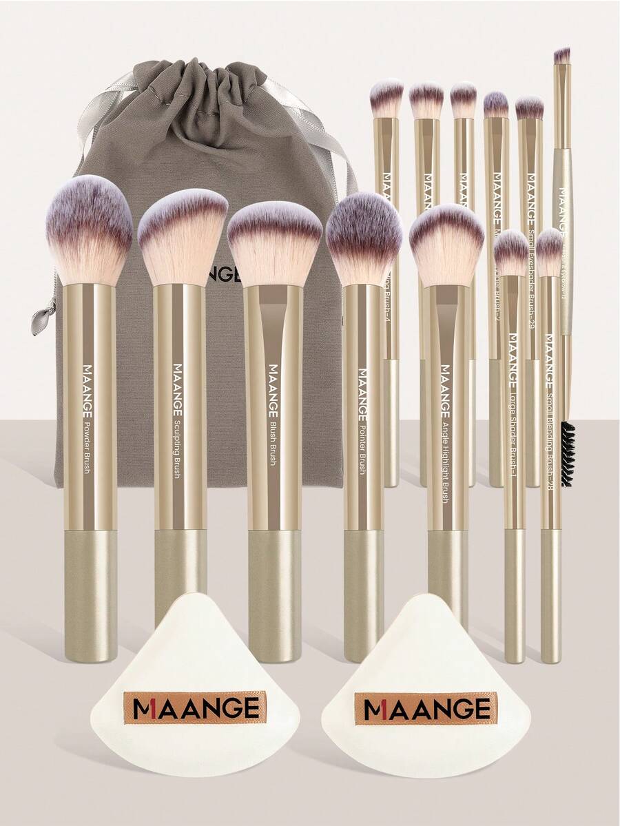 MAANGE 16件組化妝刷套裝附天鵝絨收納袋，包含底妝刷、臉部刷、蜜粉刷、腮紅刷、遮瑕刷、修容刷、鼻影刷、打亮刷、眼影刷、眉刷、細節刷，適合日常臉部化妝。化妝配件，送給朋友的禮物。