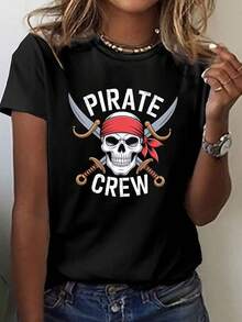 Camiseta de cuello de tripulación de manga corta con un cráneo de tripulación de piratas y diseño de espadas, perfecta para el uso informal en primavera y verano, diseñada para mujeres - Negro - Ver 2