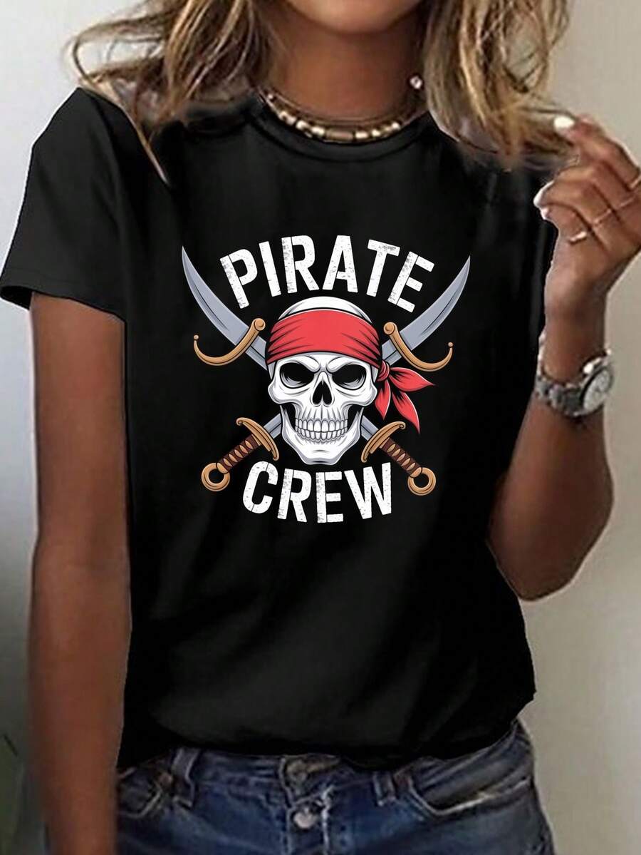 Camiseta de cuello de tripulación de manga corta con un cráneo de tripulación de piratas y diseño de espadas, perfecta para el uso informal en primavera y verano, diseñada para mujeres