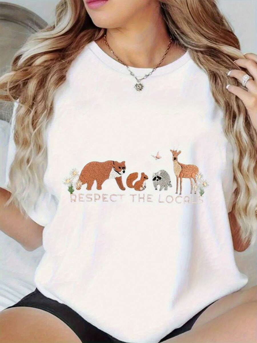 Camiseta de manga corta casual de las mujeres - lindo animal y "Respect The Loc" impresión gráfica, transpirable cuello redondo superior, mediano estiramiento primavera de verano tee, lavable en la máquina, camisetas de las señoras, fin de semana de vestir, relajado ajuste, textura suave, imprimir la camiseta, entusiastas al aire libre