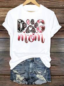 Women's Dog Mom Graphic Tee - Soft And Breathable Casual Everyday Tee - Perfect Mother's Day Gift For Dog Lovers - Black With Pink Lettering - Machine Washable Pet Dad Clothes, Summer Wear, Playful Design, Lightweight Fabric - 白色 - 查看 1