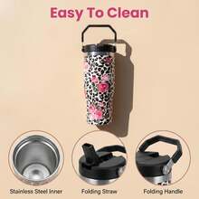30Oz Stainless Steel Water Bottle With Straw For Sports, Travel, And School Sports Water Bottle, Keeps Water Warm For Over 24 Hours, Sealable, Portable, Flip Top, Ideal For Hot And Cold Beverages, Coffee, And Frozen Drinks - Họa tiết da báo 1 - Xem 8