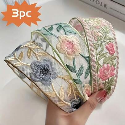Bộ 3 băng đô cài tóc kiểu Boho in hoa, chất liệu polyester, thêu họa tiết.