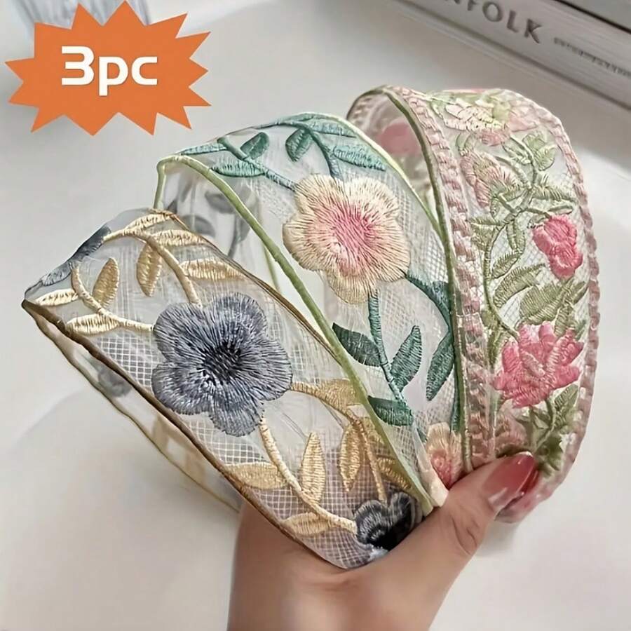 Bộ 3 băng đô cài tóc kiểu Boho in hoa, chất liệu polyester, thêu họa tiết. - A - Xem 1