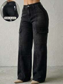 Pantalón Cargo De Mezclilla Stretch Para Mujer Corte Amplio - Negro - Ver 1