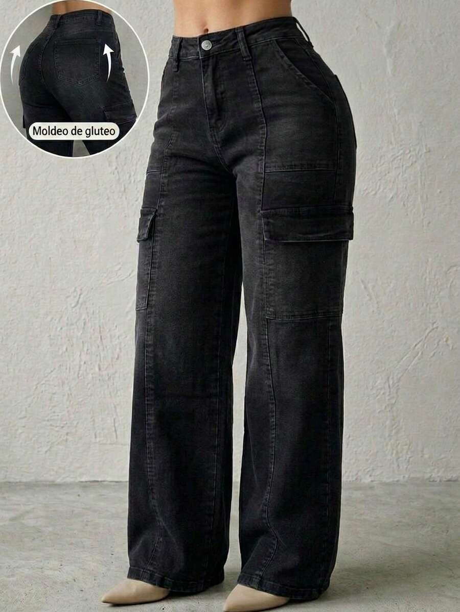 Pantalón Cargo De Mezclilla Stretch Para Mujer Corte Amplio - Negro - Ver 1