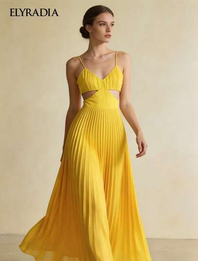 ELYRADIA Women's Yellow Dress Holiday Outfit Sexy Off-Shoulder Spaghetti Strap Dress Elegant Party Gathering Beach Vacation Pleated Maxi Dress