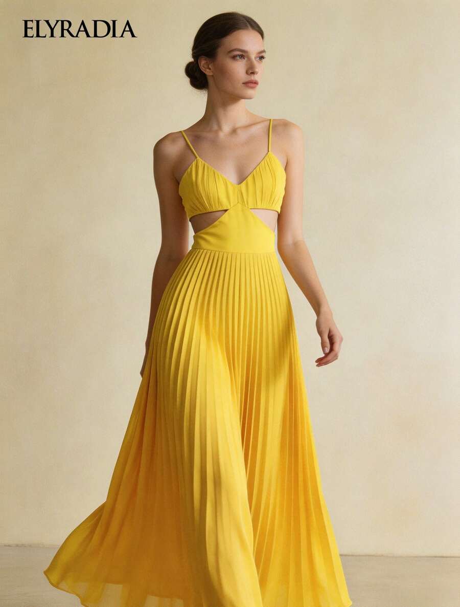 ELYRADIA Đầm vàng nữ, trang phục đi nghỉ mát, đầm hai dây trễ vai gợi cảm, đầm maxi xếp ly thanh lịch, đầm dự tiệc, đầm đi biển, đầm đi nghỉ mát. - Màu vàng - Xem 1