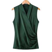 Nueva Blusa Sin Mangas de Satén Suave para Mujer, Top con Cuello en V, Corte Ajustado, Camisas para Usar por Fuera - verde - Ver 4