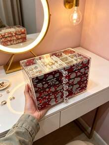 1pc 5/3/1 Layer Printed Acrylic Jewelry Box, Large Capacity Drawers Jewelry Organizer, Transparent Dust-Proof Storage Box For Rings, Earrings, Necklaces, Velvet Lining, Compartment Design, Ideal For Vanity Table, Desk, Gift For Girlfriend, Jewelry Accessories Storage - Multicolor - View 12