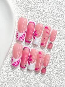 10Pcs Sweet Style Handmade Nail Art Set,Unghie Press On,Transparent Flat Bottom Rhinestones,Flowers And Water Ripples,Pink And White Nail Polish,Includes Nail Tools,3 Sizes Available,Almond Nails , Duck Nails,Coffin Nails For Party, Dance, Daily Wear - 彩色 - 查看 18