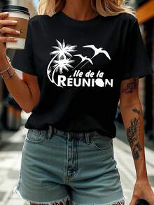 Camiseta Ile de la Reunion con estampado de cartas | Camiseta de manga corta con cuello de tripulación para primavera/verano, ropa de mujer con silueta de palmera y pájaro - Negro - Ver 2