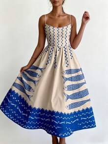 2026 Spring New Women's Clothing, Cross-Border European And American Dress, Sexy Waist-Cinching Pleated Solid Color Large Hem Strap Dress - 藍色大魚 - 查看 3