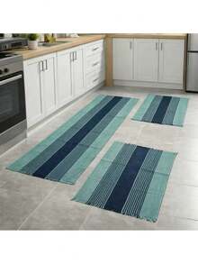 Kitchen Mat And Runner Set With 3 Pieces, Various Colors, Plain And Striped - Light Green - View 1